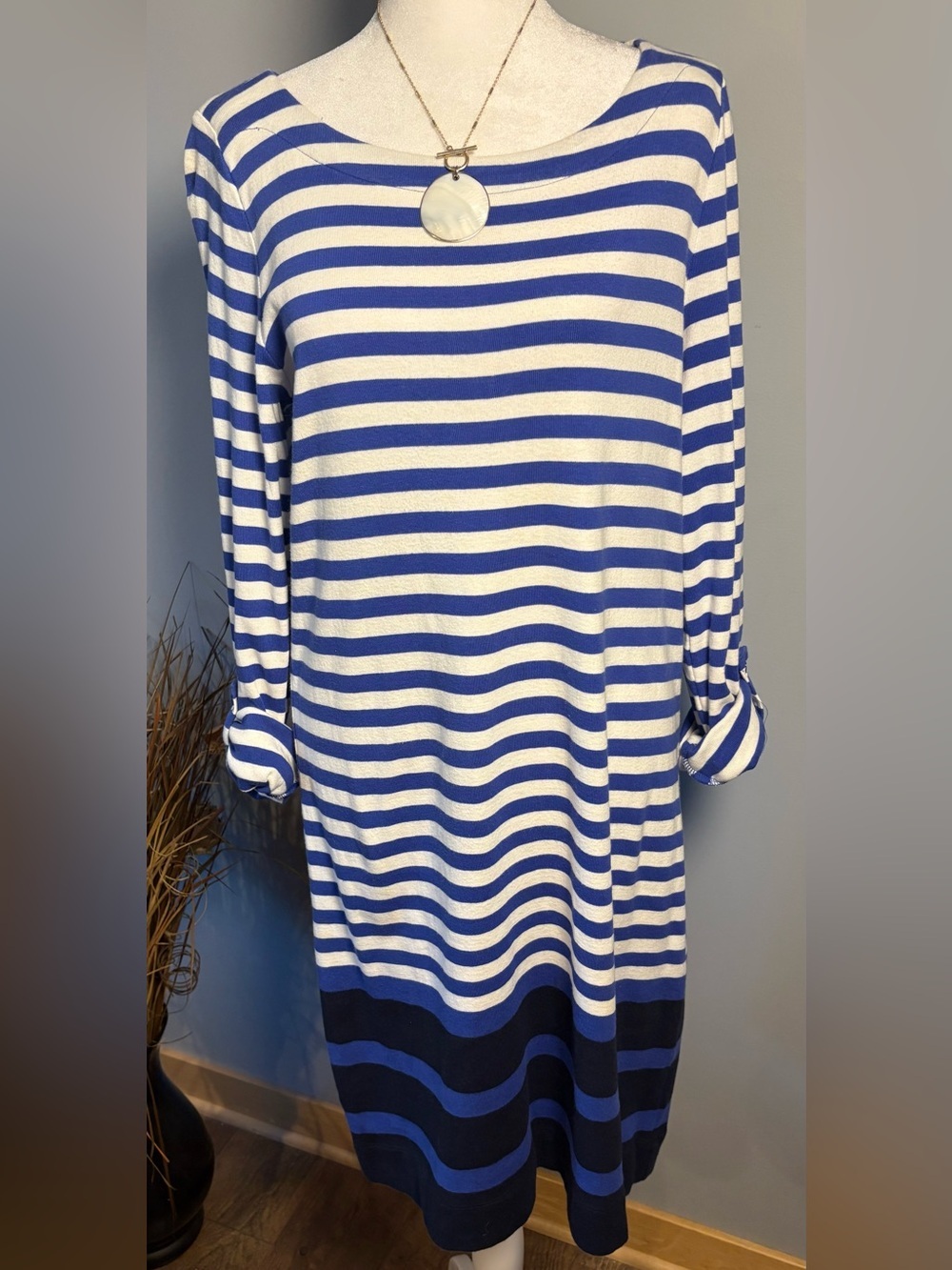 Jones New York Sport Blue & White Striped Cotton Dress Large
